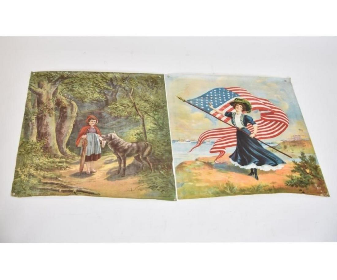 TWO CHROMOLITHOGRAPHS ON FABRIC: Two unframed chromolithographs on fabric by Schwab & Wolf, NY; Red Riding Hood and American Girl.22.75" x 22.75" each