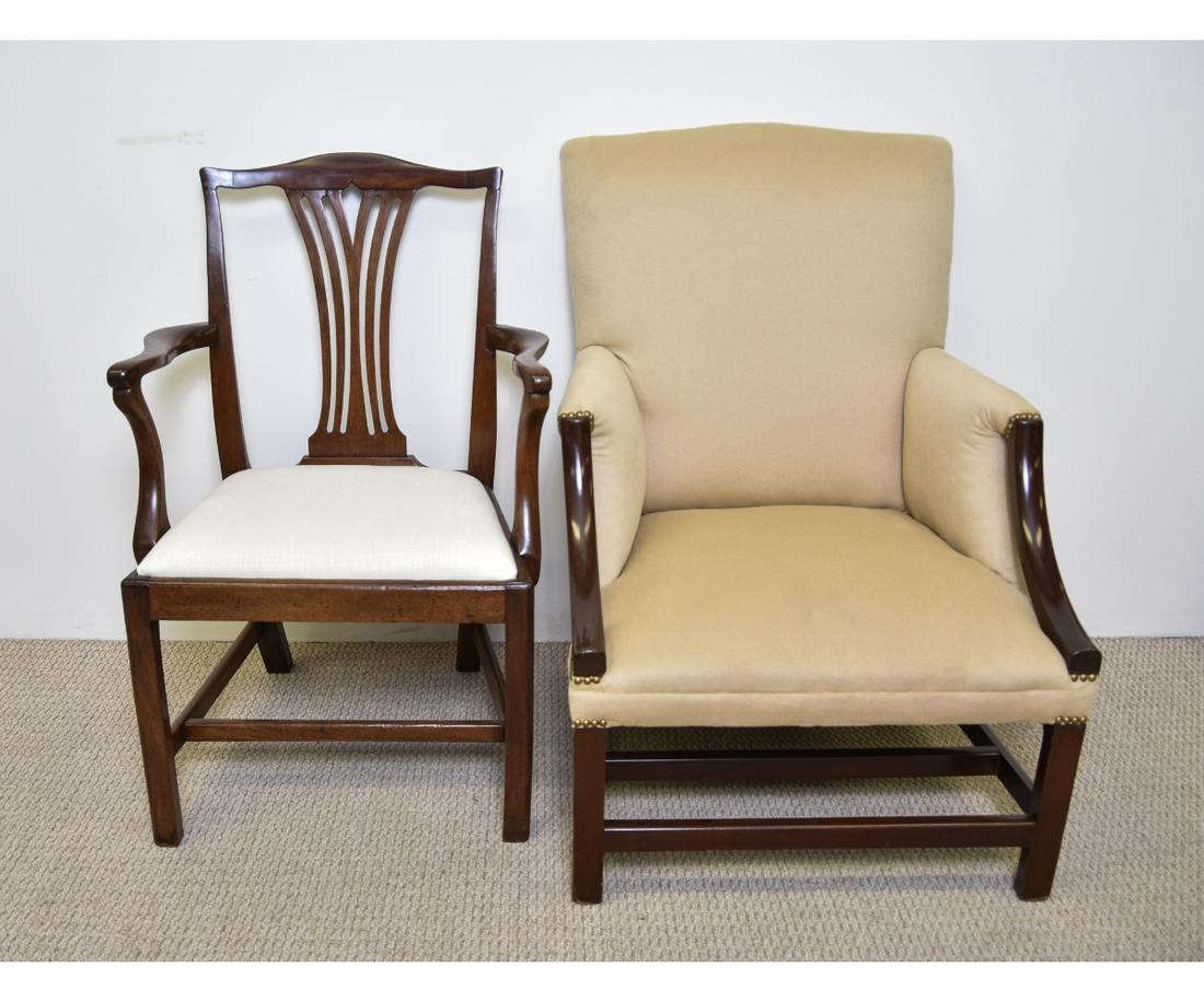 GEORGIAN OPEN ARMCHAIR: Georgian mahogany open armchair with slip seat; together with a lolling chair, refinished. 37.5"h x 22.5"w x 18"d
