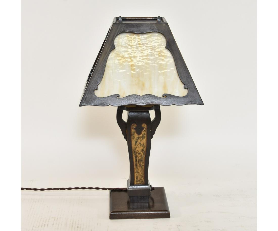 ARTS & CRAFTS STYLE LAMP: Arts & Crafts style mahogany table lamp with slag glass shade. 18.5"h / shade 10.25" x 10.25"