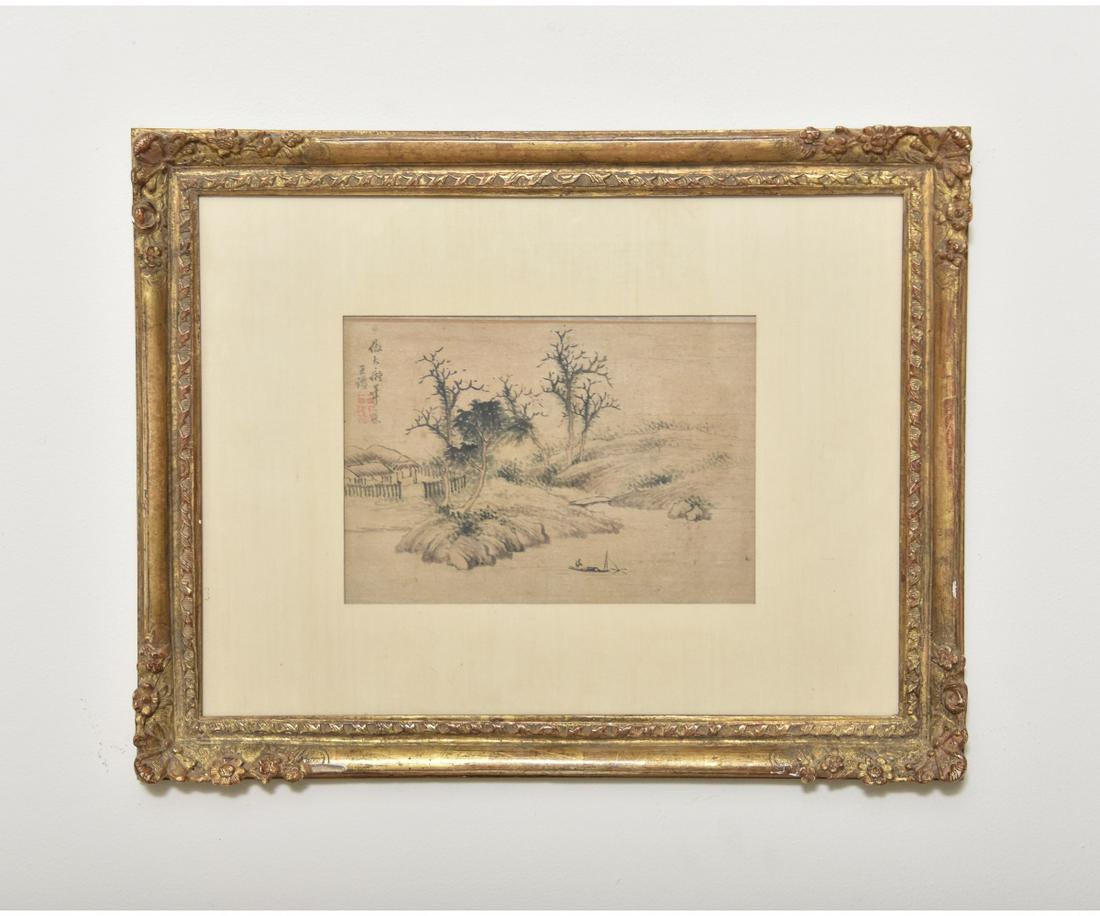 CHINESE WATERCOLOR LANDSCAPE: Framed and matted Chinese watercolor landscape in the style of Wang Jian, 19/20th c. 6.5" x 9" ss / 14.5" x 18.5"oa