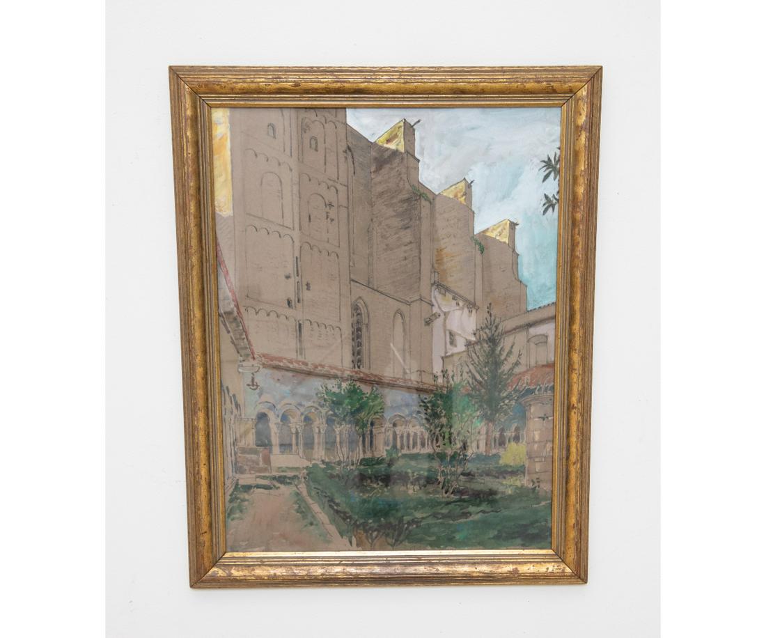 GOUACHE OF A MOORISH STRUCTURE: Gouache of a Moorish structure possibly Alhambra, unsigned, circa 1950's. 24.25" x 18" ss / 28.25" x 22.25" oa