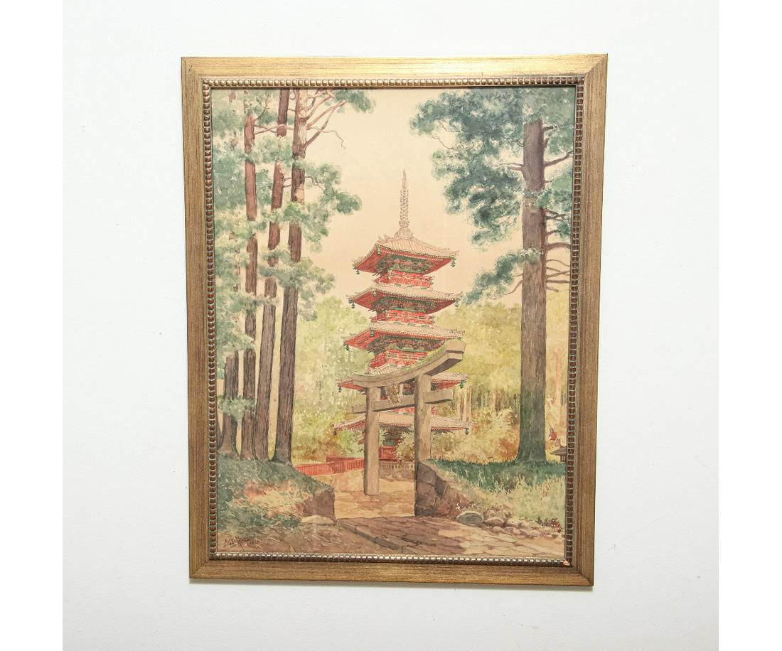 KOSUGI MISEI WATERCOLOR: Kosugi Misei (1881-1964, Japanese), watercolor of a Japanese pagoda, signed, mounted on masonite. 25" x 18.5" ss / 24" x 22" oa