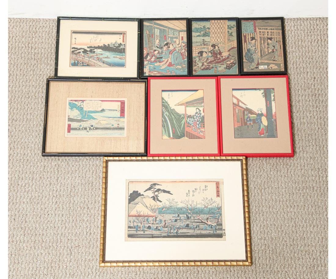 EIGHT JAPANESE WOOD BLOCK PRINTS: Eight framed Japanese wood block prints, the largest by Ando Hiroshige (1797-1858). 9.5" x 14" ss / 16.5" x 21" oa