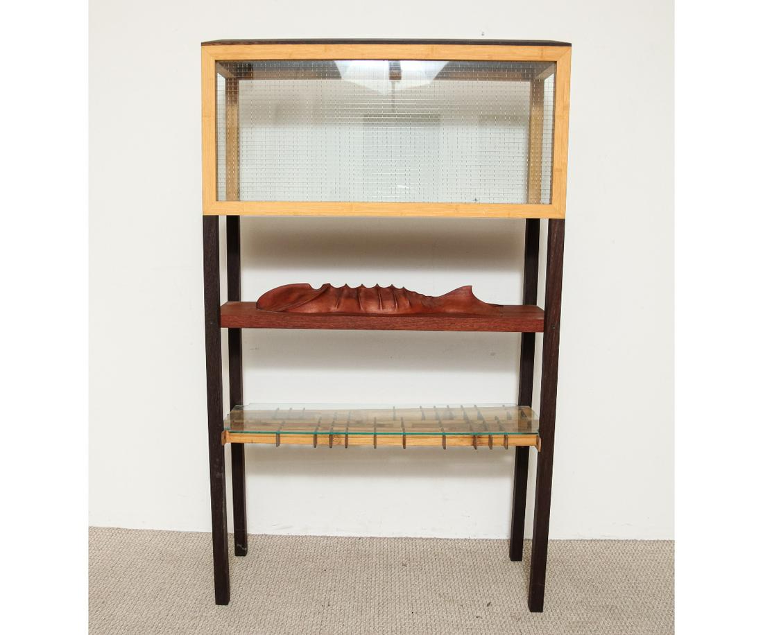 UNUSUAL GRILL TANK SHELF: Unusual grill tank shelf made of maple and mahogany with carved fish. 65.25"h x 39"w x 15"d
