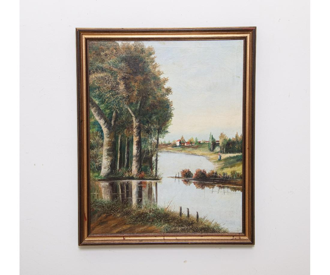 OIL ON CANVAS OF VILLAGE: Oil on canvas of village along water, signed lower left Remineff with a W. Graham Arader III Gallery label. 29.25" x 23" ss / 33" x 27" oa