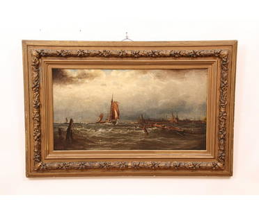 PROSPER LOUIS SENAT OIL ON CANVAS: Prosper Louis Senat (1852-1925, PA, CA, ME), large oil on canvas titled "A Coming Storm Cape Ann", signed L.L. mounted in an ornate gilt frame. 21" x 39" ss / 35" x 53" oa