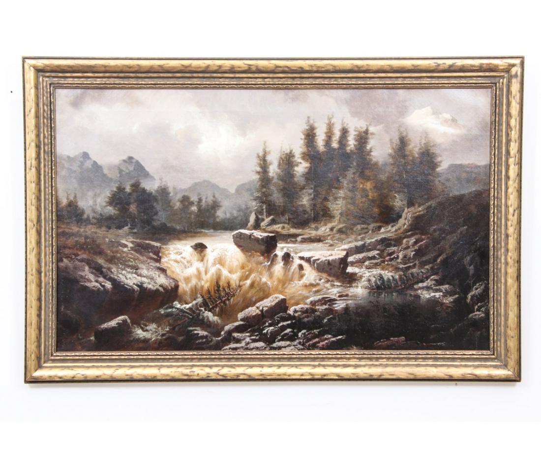 EDWARD A. GOODES OIL ON CANVAS: Edwared A. Goodes (1832-1910, Pennsylvania), oil on canvas of a woodland landscape with waterfalls, signed and dated 1883. 21.5" x 36" ss / 26.5" x 41" oa