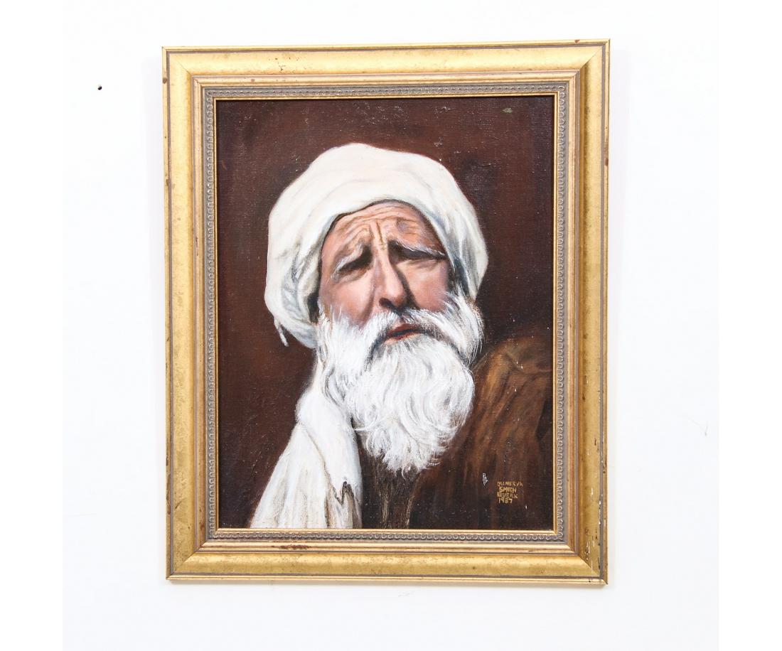 MINERVA SMITH BUERK OIL ON CANVAS: Minerva Smith Buerk (1980's, PA), framed and matted oil on canvas of a beared man with McClees Gallery label. 18" x 14" ss / 22" x 18" oa