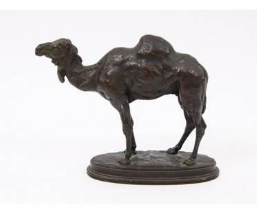 ALFRED BARYE BRONZE CAMEL: Alfred Barye (1839-1882, French) bronze camel, brown patina, signed Barye. 6"h x 7.5"w x 2.25"d