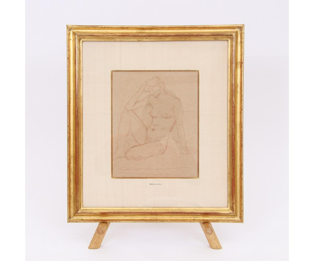 ARISTIDE MAILLOL NUDE DRAWING: Aristide Maillol (1861-1944), framed and matted nude drawing on paper. 10" x 8" ss / 18.5" x 16.25" oa