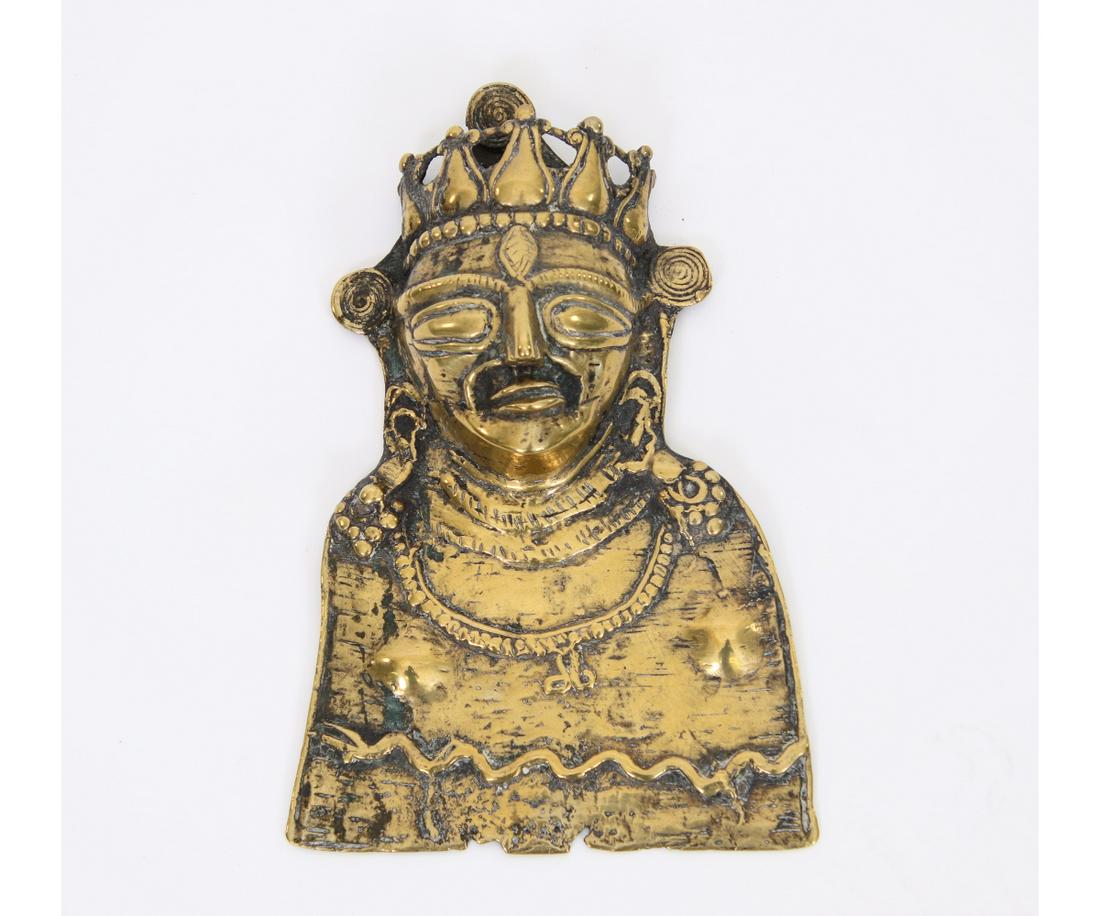 BRASS SHIVA MOHRA PAHARI: Brass Shiva Mohra (mask) pahari, probably 16/17th c. 7"h x 5"w