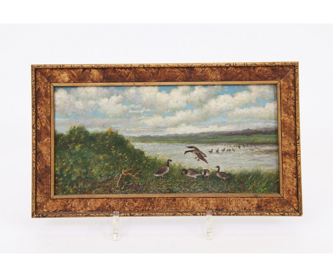JOSE WEISS OIL ON BOARD: Jose Weiss (1859-1919, UK/France), oil on board of Canadian geese, signed lower right. 5" x 10" ss / 6.5" x 11.5" oa
