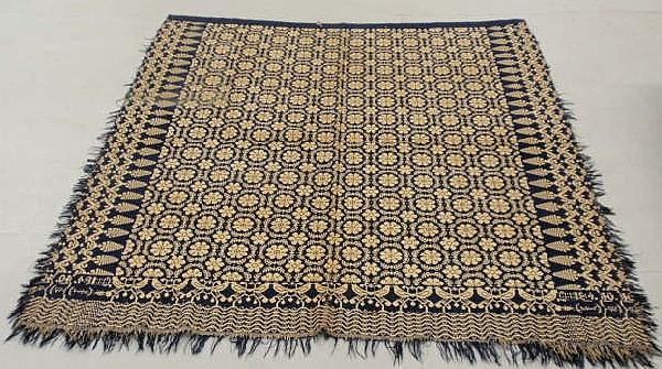 Summer/winter jacquard coverlet, blue and white, da: Summer/winter jacquard coverlet, blue and white, dated 1840. 70"x72