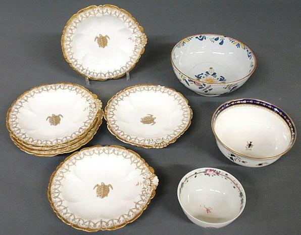 Group of ceramic tableware- English Delft bowl 8"d: Group of ceramic tableware- English Delft bowl 8"dia., c.1760, four Limoges terrapin soup plates 7.5"dia., and two bowls.