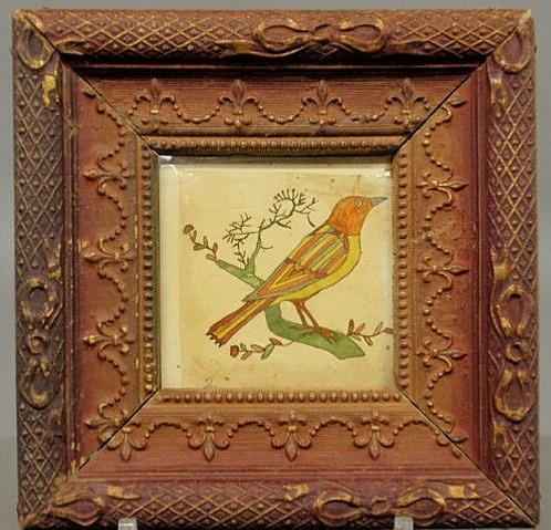 Early Pennsylvania German watercolor bird fraktur.: Early Pennsylvania German watercolor bird fraktur. 3.75"x3.75"