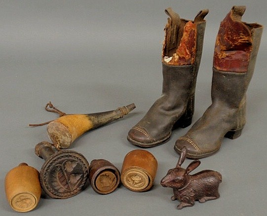Misc. grouping- 4 maple butter prints, powder horn: Misc. grouping- 4 maple butter prints, powder horn, cast iron rabbit, pair child's leather boots.