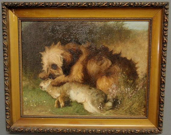 Oil on canvas painting, 19th c., of a dog with a r: Oil on canvas painting, 19th c., of a dog with a rabbit, attributed to George S. Armfield, unsigned, 18.5"x25