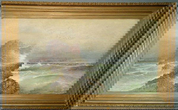 Weisman, William H. [American, 1840-1922] large oi: Weisman, William H. [American, 1840-1922] large oil on canvas seascape with turbulent seas signed l.r. "W.H. Weisman". 26.75"x49.5