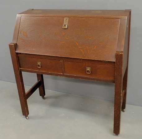 Arts & Crafts oak slant-lid desk, c.1920, from the: Arts & Crafts oak slant-lid desk, c.1920, from the New Century Trust Building, Philadelphia, PA. 43"h.x40"w.x17"d., writing surface 29"h.