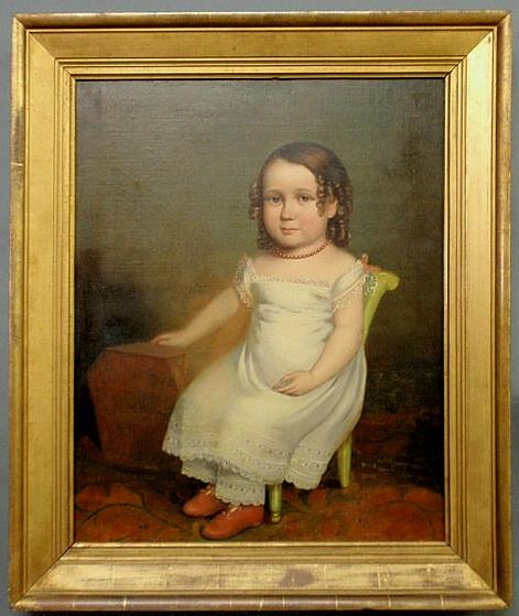 Fine American oil on canvas portrait of Elizabeth: Fine American oil on canvas portrait of Elizabeth Matilda Everingham, c.1820, shown seated in a child's green Sheraton chair with her right hand on her cradle and mounted in what appears to be the ori