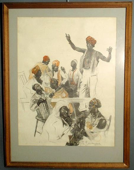 Harding, George Mathews [American, 1882-1959] char: Harding, George Mathews [American, 1882-1959] charcoal on paper illustrator art painting of African figures and signed l.r. "Geo. Harding" and titled verso "Zanzibar 1908". 33"x25