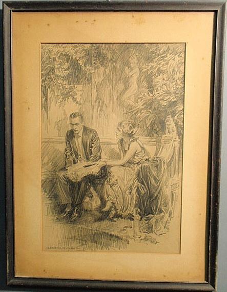 Mitchell, Charles Davis [American, 1887-1940] illu: Mitchell, Charles Davis [American, 1887-1940] illustrator art pencil; sketch of a man and woman sitting on a sofa and signed l.l. "Charles D. Mitchell". 17"x12