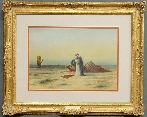 Gifford, Robert Swain [American, 1840-1905] orient: Gifford, Robert Swain [American, 1840-1905] orientalist watercolor of a nomad and camels in a desert, signed l.r. "R. Swain Gifford". 11"x15.25