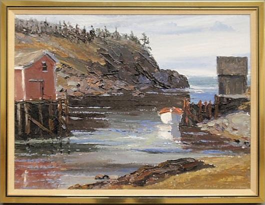 Raymond, Kelsey [Canadian, 1926-2001] oil on board: Raymond, Kelsey [Canadian, 1926-2001] oil on board painting of a Canadian harbor with a fish house, wharf and dinghy, signed l.r. "Kelsey Raymond". 17.5"x23