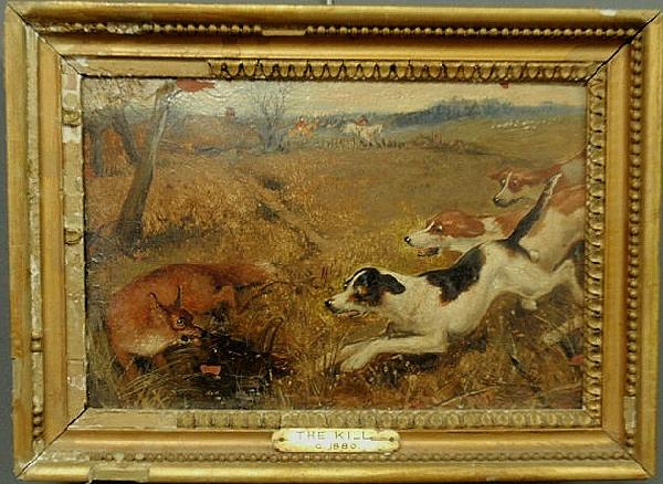 Oil on board English sporting painting with foxhun: Oil on board English sporting painting with foxhunters, hounds and fox, titled "The Kill". 6'x8.75