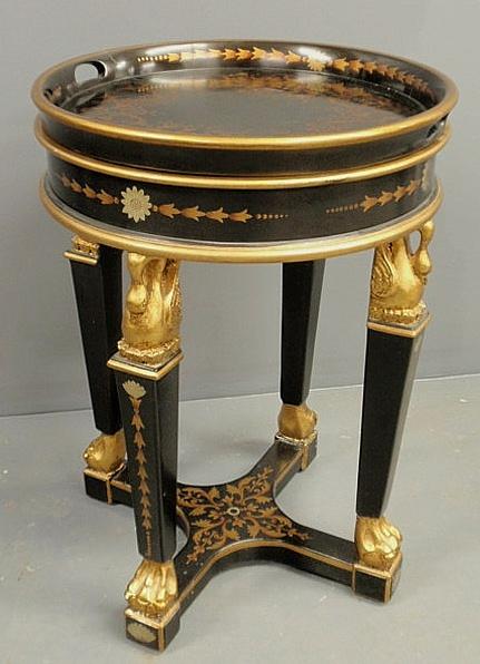 French style tray table with removable round top a: French style tray table with removable round top and gilt decoration. 27"h., top 19.5"dia.