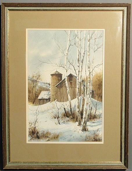 Hendershot, Ray [American, late 20th c.] watercolo: Hendershot, Ray [American, late 20th c.] watercolor winter landscape with barn and paper birch trees, signed l.r. "Ray Hendershot '75". 17"x11.5