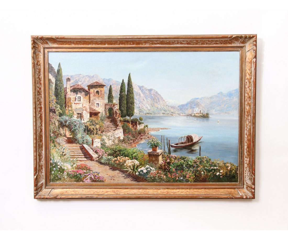 ALOIS ARNEGGER OIL ON CANVAS: Alois Arnegger (1879 - 1963) Austrian, landscape and coastal painter, large oil on canvas view of lake Como, Italy with stone villa mounted in an ornate gilt frame.