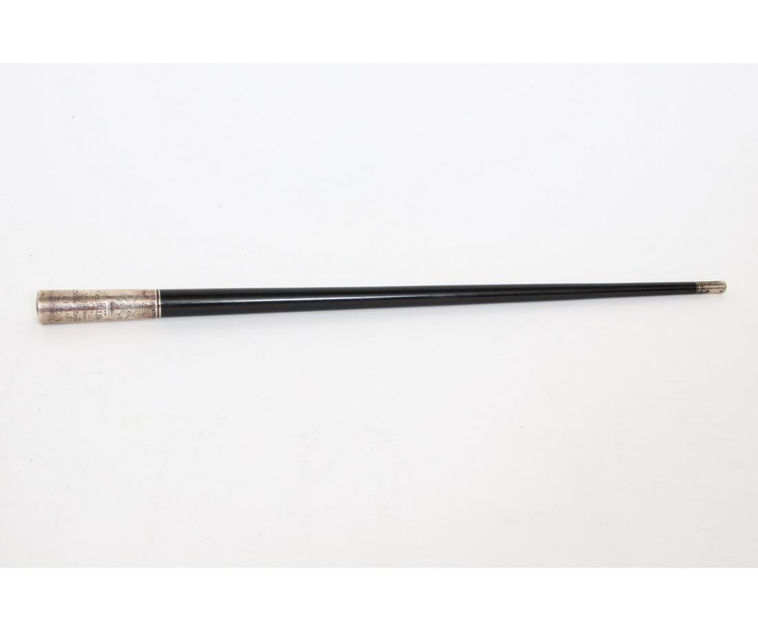 SILVER / EBONIZED PRESENTATION DRUM STICK: Silver and ebonized presentation drum stick inscribed "From Cast W.J. Myers to Mr. F. Croft, 3rd Bn Kings Royal Rifles 1889". 17"l