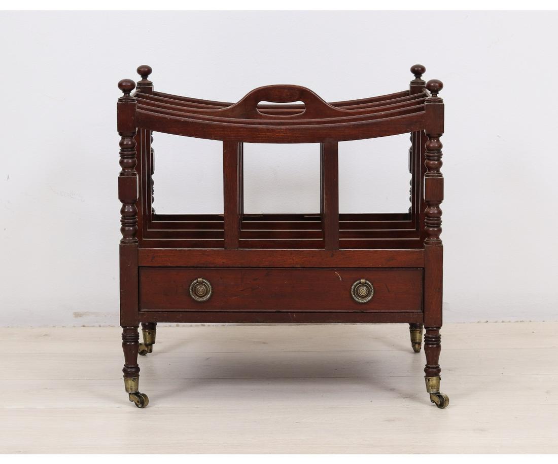 SHERATON CANTERBURY: English Sheraton mahogany canterbury, circa 1820, with brass casters. 20"h x 20"l x 14.5"w