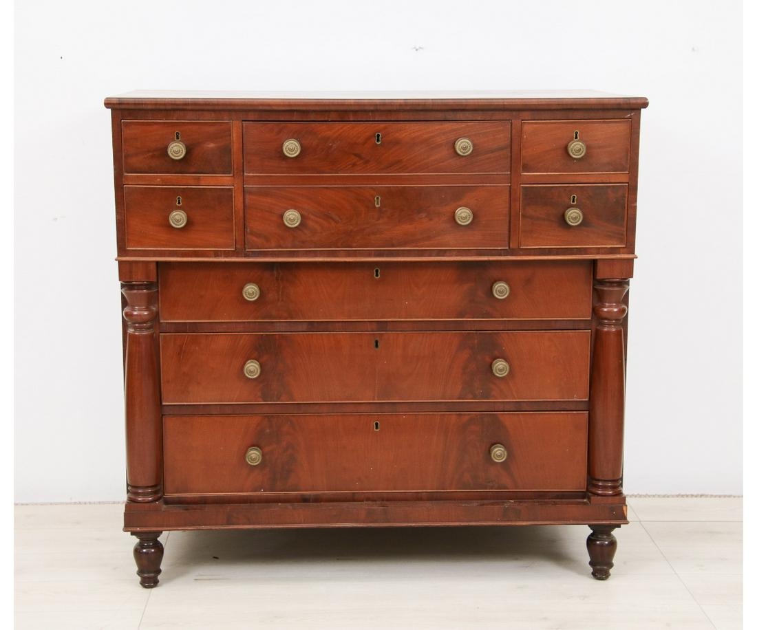 PHILADELPHIA FEDERAL BUTLER'S DESK: Philadelphia Federal mahogany butler's desk with fitted interior and maple drawer fronts, circa 1840. 43"h x 44.75"w x 23.5"d