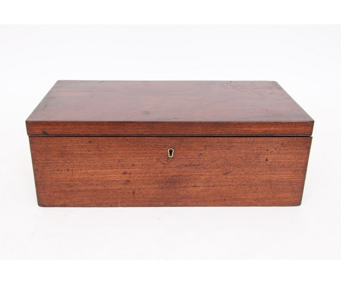 ENGLISH LAPTOP DESK: English mahogany laptop desk with baize writing surface. 7"h x 20"w x 10.5"d