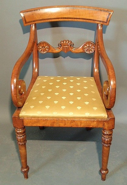 Maple klismos chair, c.1810, with carved rosettes : Maple klismos chair, c.1810, with carved rosettes and legs and a slip seat. 34.5"h.x20"w.x18"d., seat 18"h.