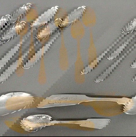 Three coin silver spoons by Newell Harding, MA, tw: Three coin silver spoons by Newell Harding, MA, two by Stephen Baker, New York, NY, and three bright cut by John Avery, Sr., Preston, CT, longest 8.5