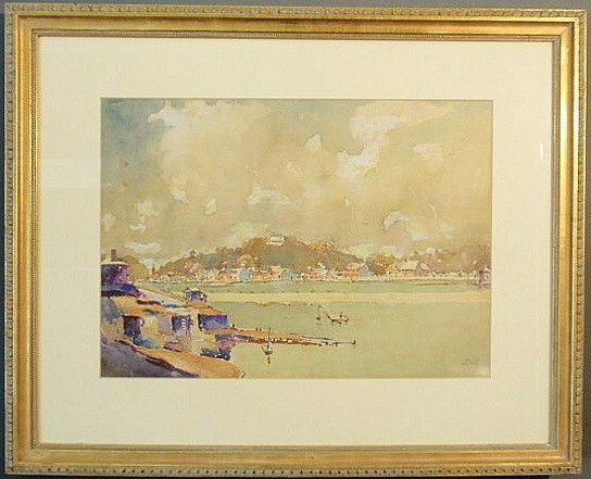 Dull, John J. [American, 1859-1949] watercolor of: Dull, John J. [American, 1859-1949] watercolor of the Schuylkill River, Boat House Row and Reservoir Hill (Waterworks), signed l.r. "J. Dull", studied under Thomas Eakins at the Pennsylvania Academy.