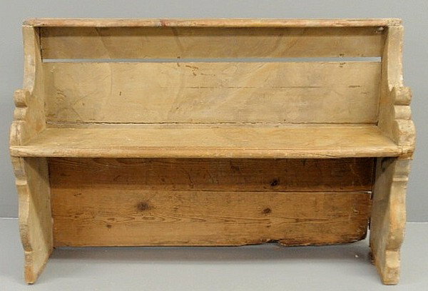 Continental painted pine church pew, 18th c. 39"h.: Continental painted pine church pew, 18th c. 39"h.x57"w.x14.5"d.