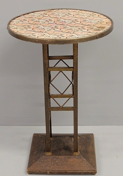 Arts & Crafts mixed metal round-top table. 29.5"h.: Arts & Crafts mixed metal round-top table. 29.5"h., top 19.5"dia.