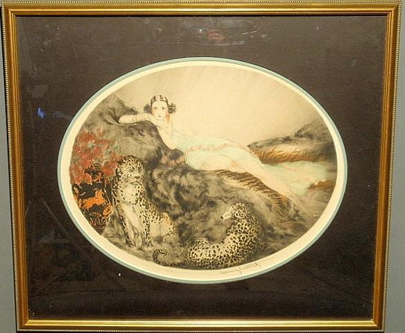 Pencil signed Louis Icart "Thais, Thais 1927" with: Pencil signed Louis Icart "Thais, Thais 1927" with a woman and leopards, with windmill, 17"x21
