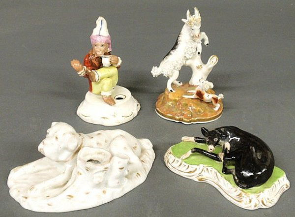 Staffordshire seated monkey pen holder, 19th c., t: Staffordshire seated monkey pen holder, 19th c., two misc. dogs and a goat.