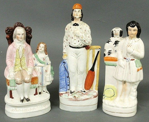 Three 19th c. Staffordshire figures- Grandpa's Joy: Three 19th c. Staffordshire figures- Grandpa's Joy, box with spaniel and standing cricket player 10"h.