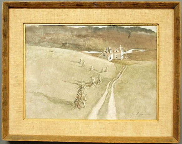 Fall landscape painting, egg tempura on board, wit: Fall landscape painting, egg tempura on board, with a farmhouse, done in the manner of Andrew Wyeth, signed l.r. "Jon S. Ligin(?) '65". 16"x21