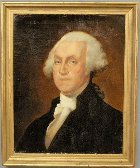 Oil on canvas portrait of George Washington, c.184: Oil on canvas portrait of George Washington, c.1840, (after) Gilbert Stuart. 18.75"x23.75