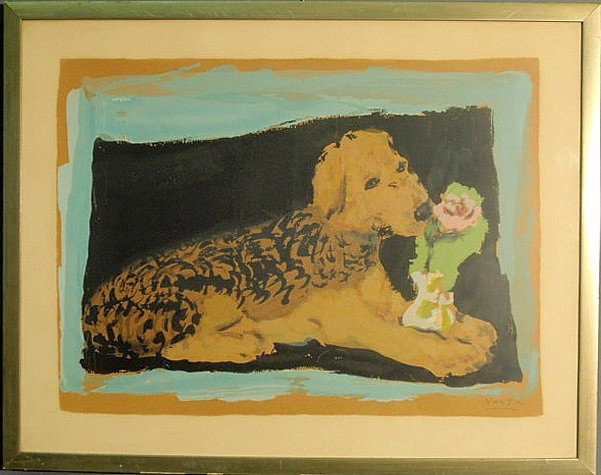 Vertés, Marcel [France/New York, 1895-1961] gouac: Vertés, Marcel [France/New York, 1895-1961] gouache of a recumbent Airedale dog with flowers, signed l.r. “Vertés”. 15.5”x21”