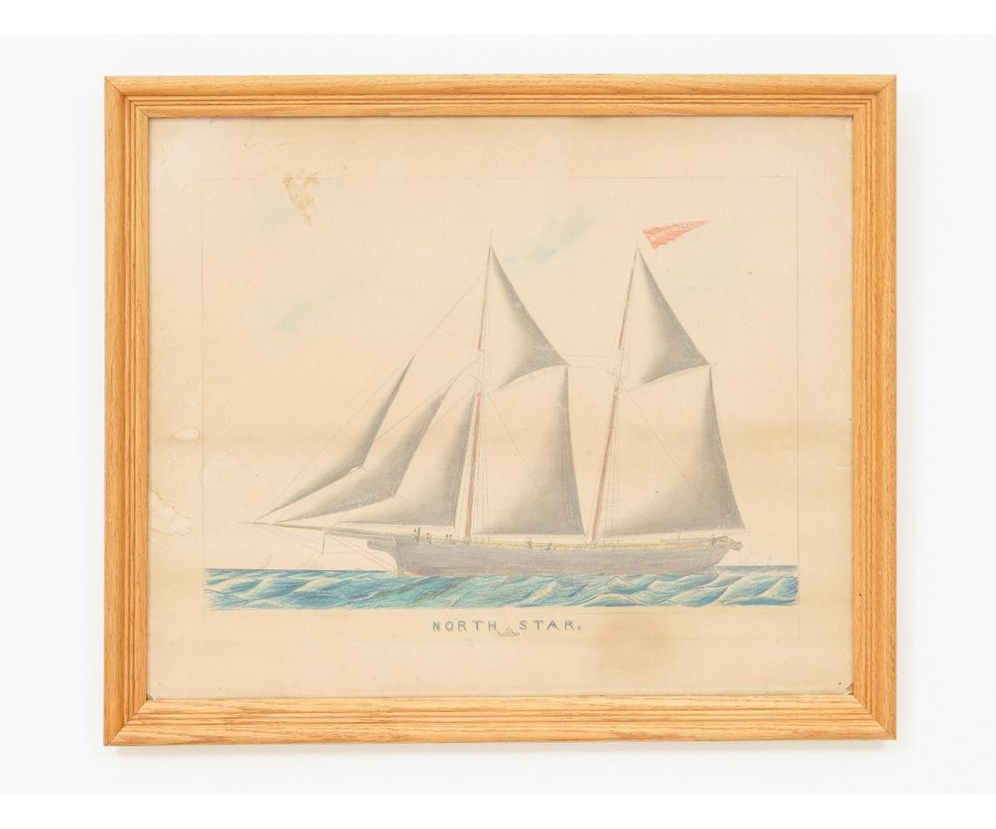 M. CUMMINGS OSEWEGO SCHOONER: Pencil/crayon sketch of schooner "North Star", signed M. Cummings Osewego lower left. 19.5" x 23.5" ss / 22.25" x 26.25 oa