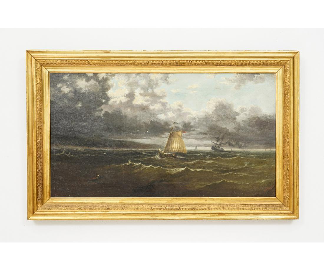 C. DAVIDSON SAILING SHIPS: Oil on canvas C. Davidson, 1882?, sailing ships in an approaching storm, signed lower right, mounted in an ornate gilt frame. 19.5" x 35.5" ss / 26.25" x 42.25" oa