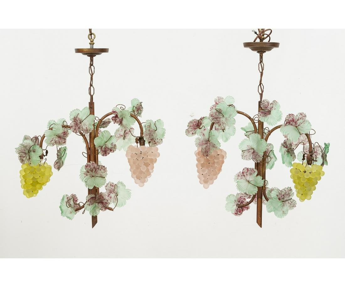 PAIR OF CZECH GRAPE CLUSTER CHANDELIERS: Pair of colorful Czech satin glass grape cluster chandeliers, each mounted on a metal rod. 19"h x 20"w each